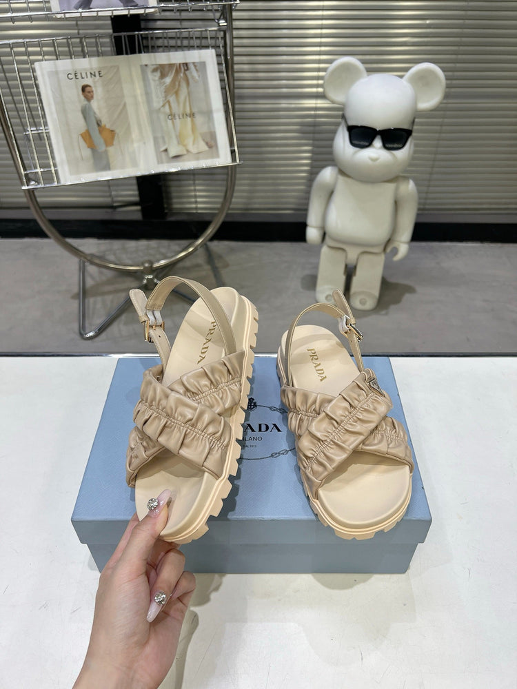 Women Beige Ruched Cross Band Platform Sandals Triangle Gold Logo Adjustable Ankle Strap Casual Shoes