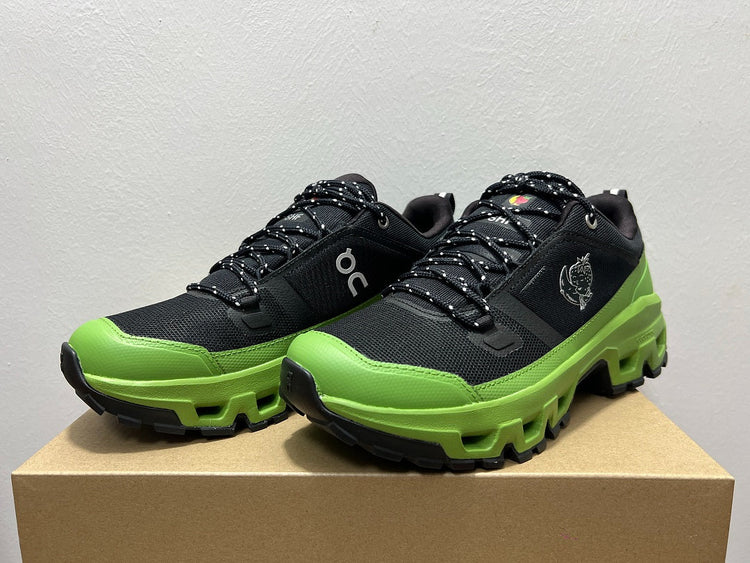 On Cloudrock Low Waterproof Hiking Shoes in Black / Green (Special Edition)