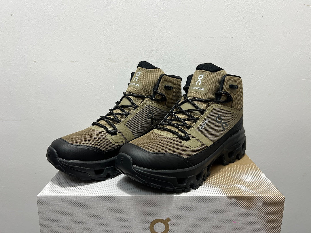 On Cloudrock Mid Waterproof Hiking Boots in Olive / Black