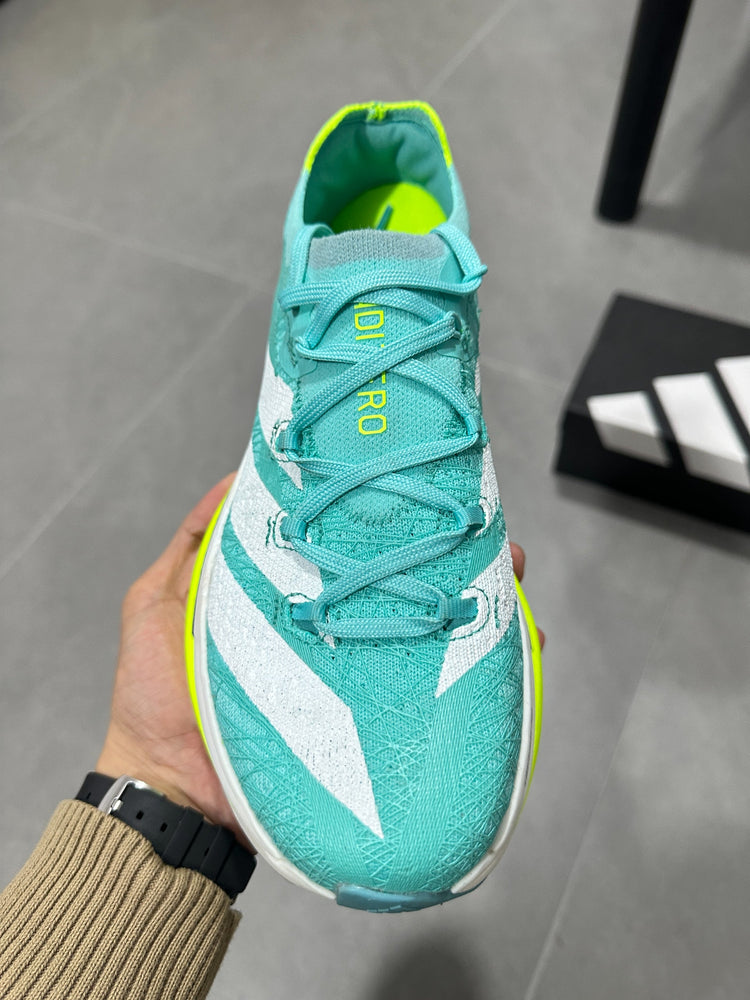 Adidas ADIZERO ADIOS PRO 4 (Turquoise / White / Volt colorway)