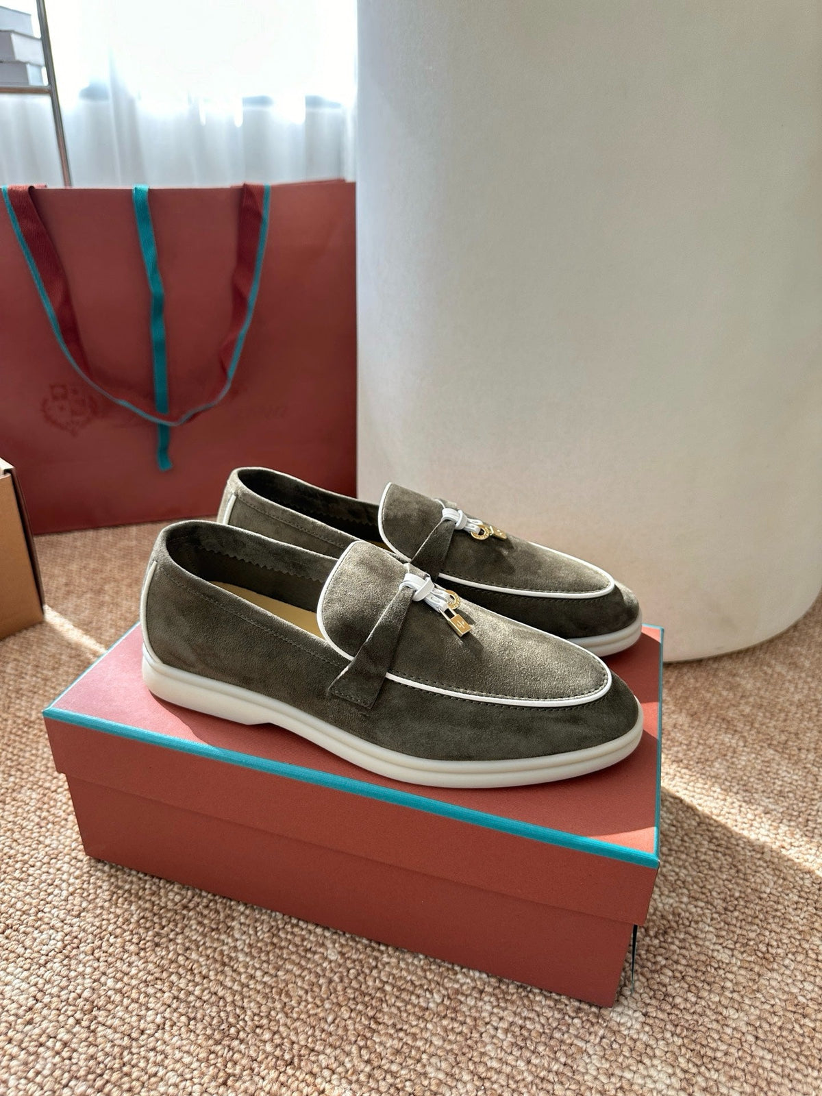 Women Green Suede Slip-On Loafers, Loro Piana Style