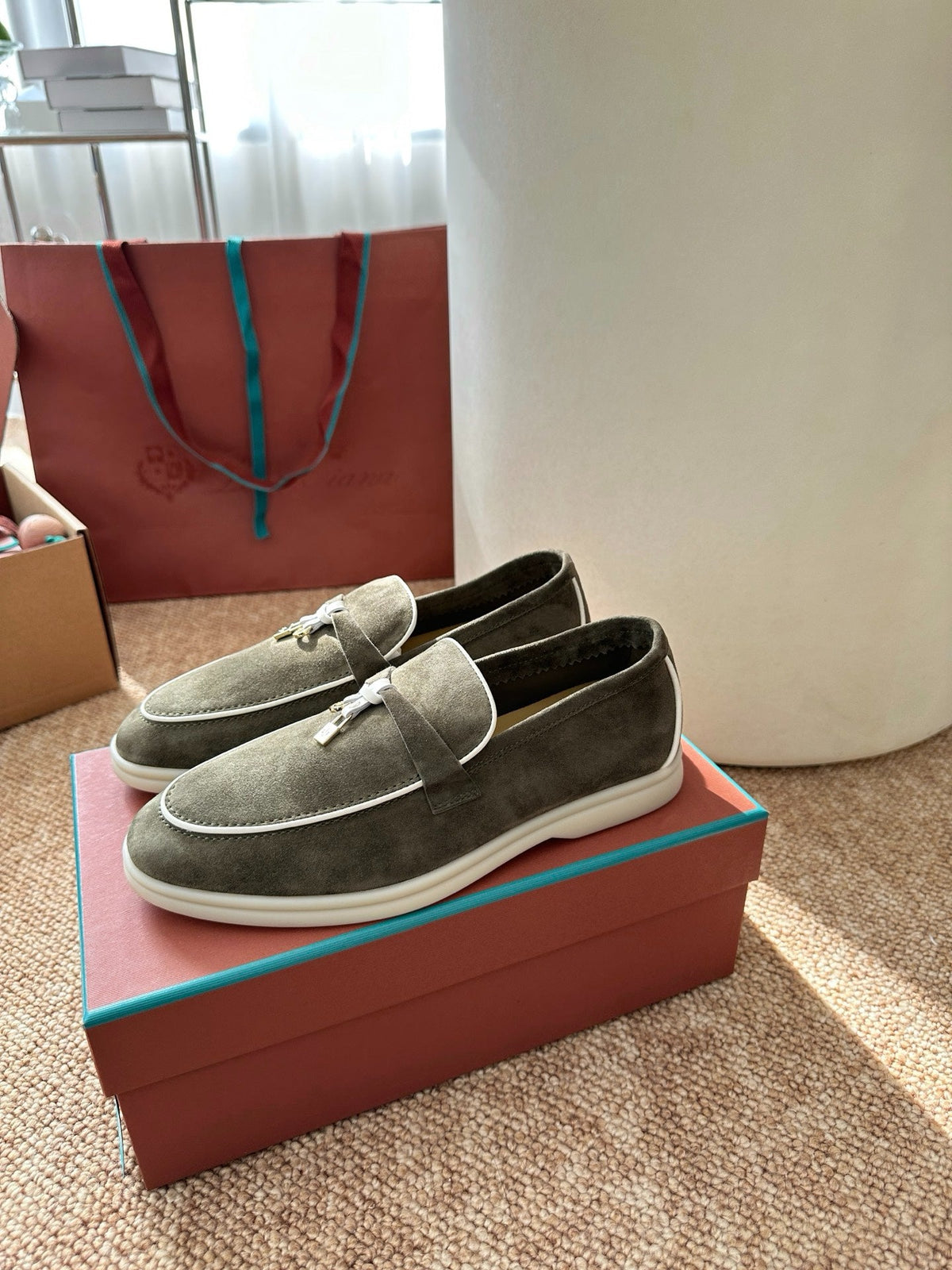Women Green Suede Slip-On Loafers, Loro Piana Style