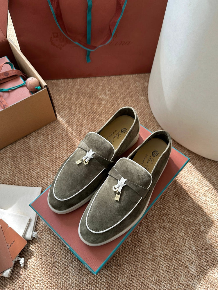 Women Green Suede Slip-On Loafers, Loro Piana Style