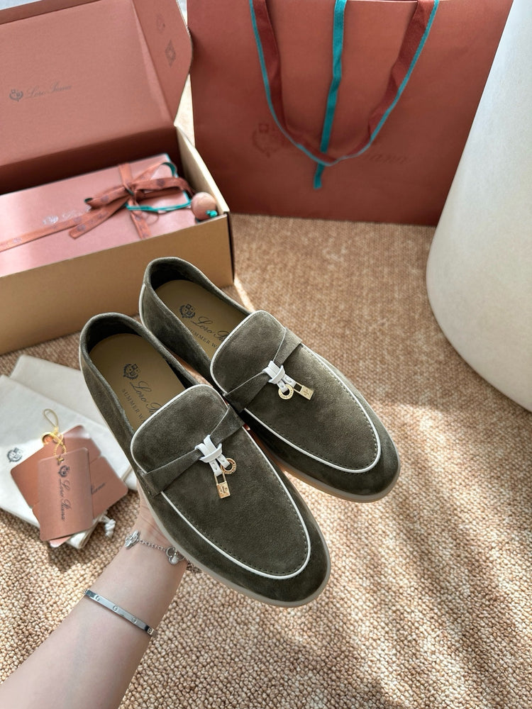 Women Green Suede Slip-On Loafers, Loro Piana Style