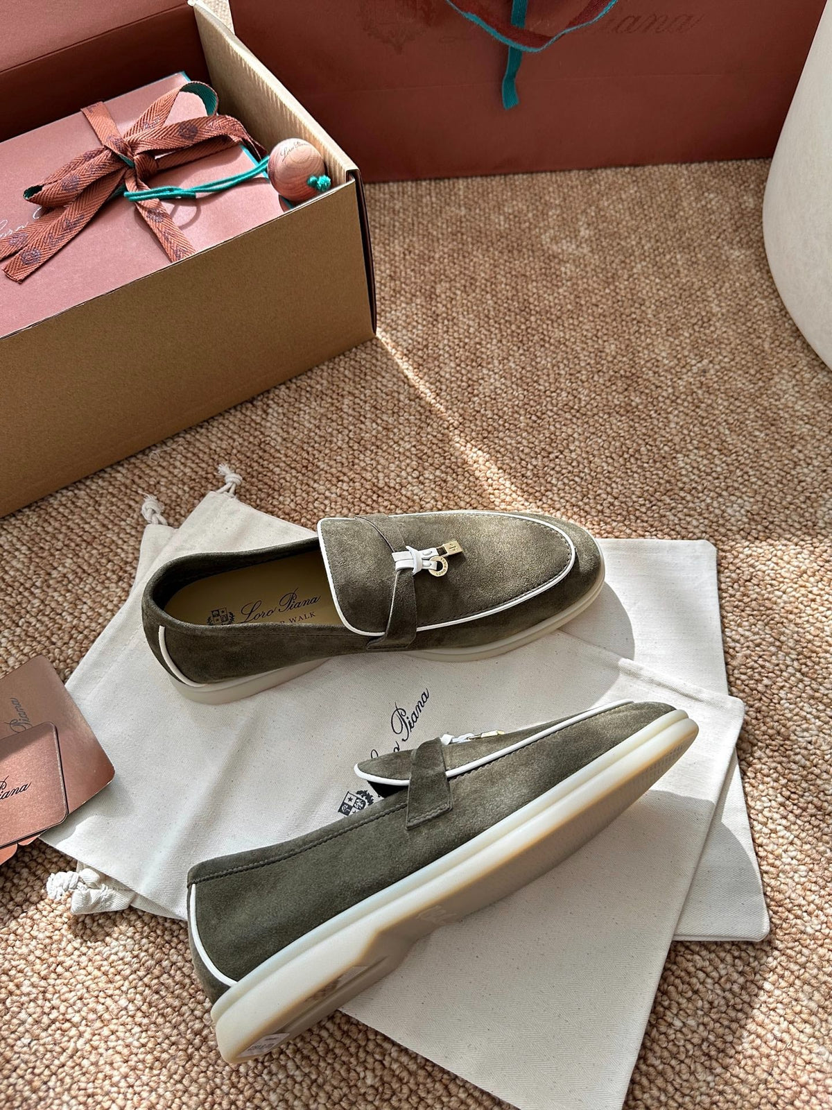 Women Green Suede Slip-On Loafers, Loro Piana Style