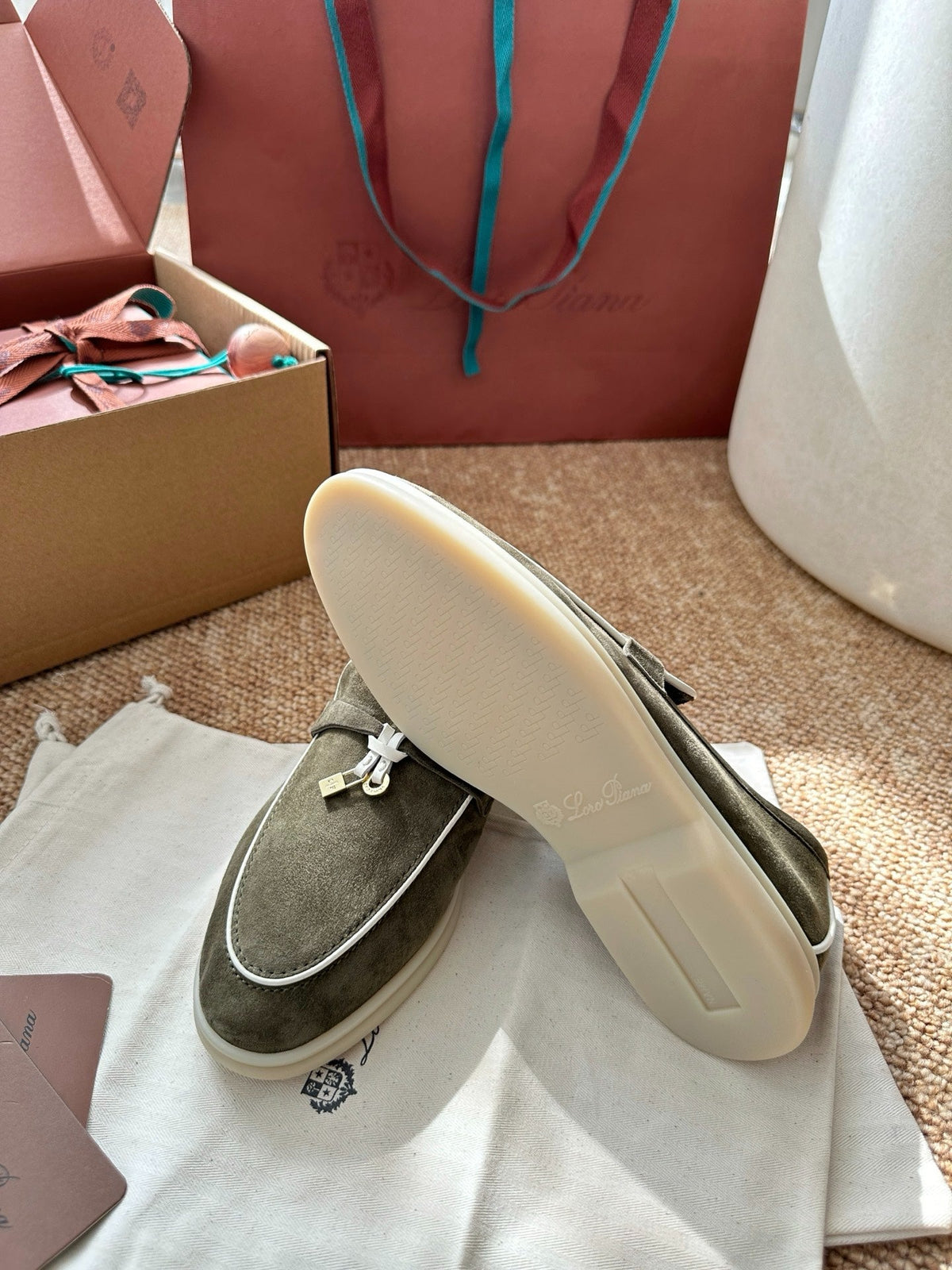 Women Green Suede Slip-On Loafers, Loro Piana Style