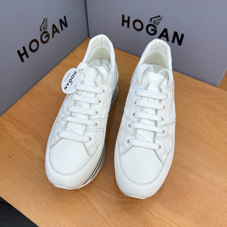 HOGAN White Croc Leather Grey Striped Wedge Platform Sneakers