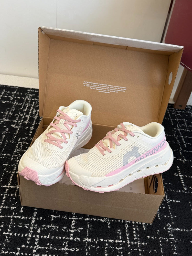 On Cloudmonster Unisex Road Running Sneakers Cream Off White Blush Pink Accent Thick CloudTec Sport Shoes