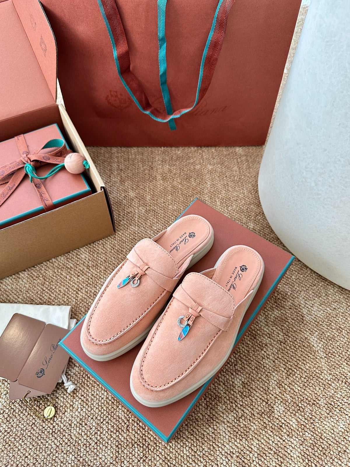 Women Loro Piana Summer Charms Walk Suede Mules - Peach Pink