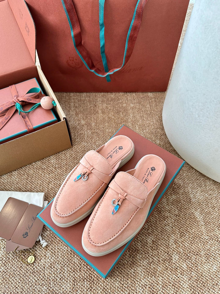 Women Loro Piana Summer Charms Walk Suede Mules - Peach Pink