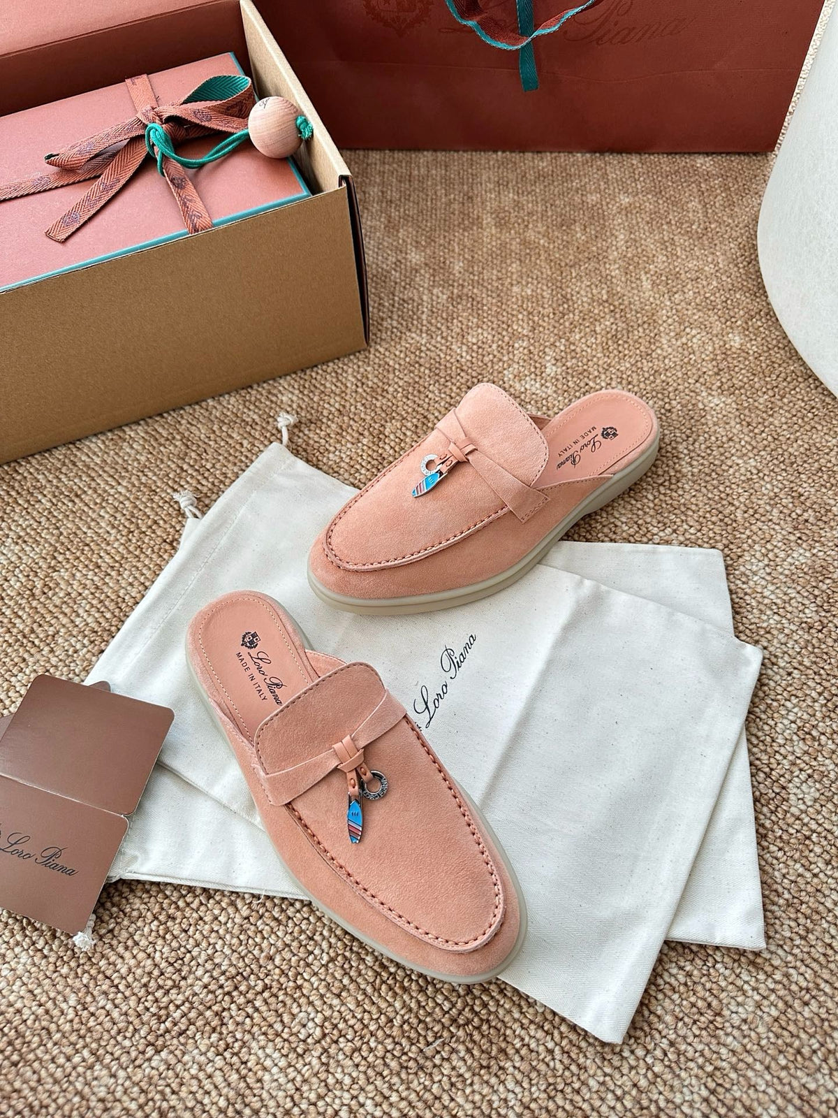 Women Loro Piana Summer Charms Walk Suede Mules - Peach Pink
