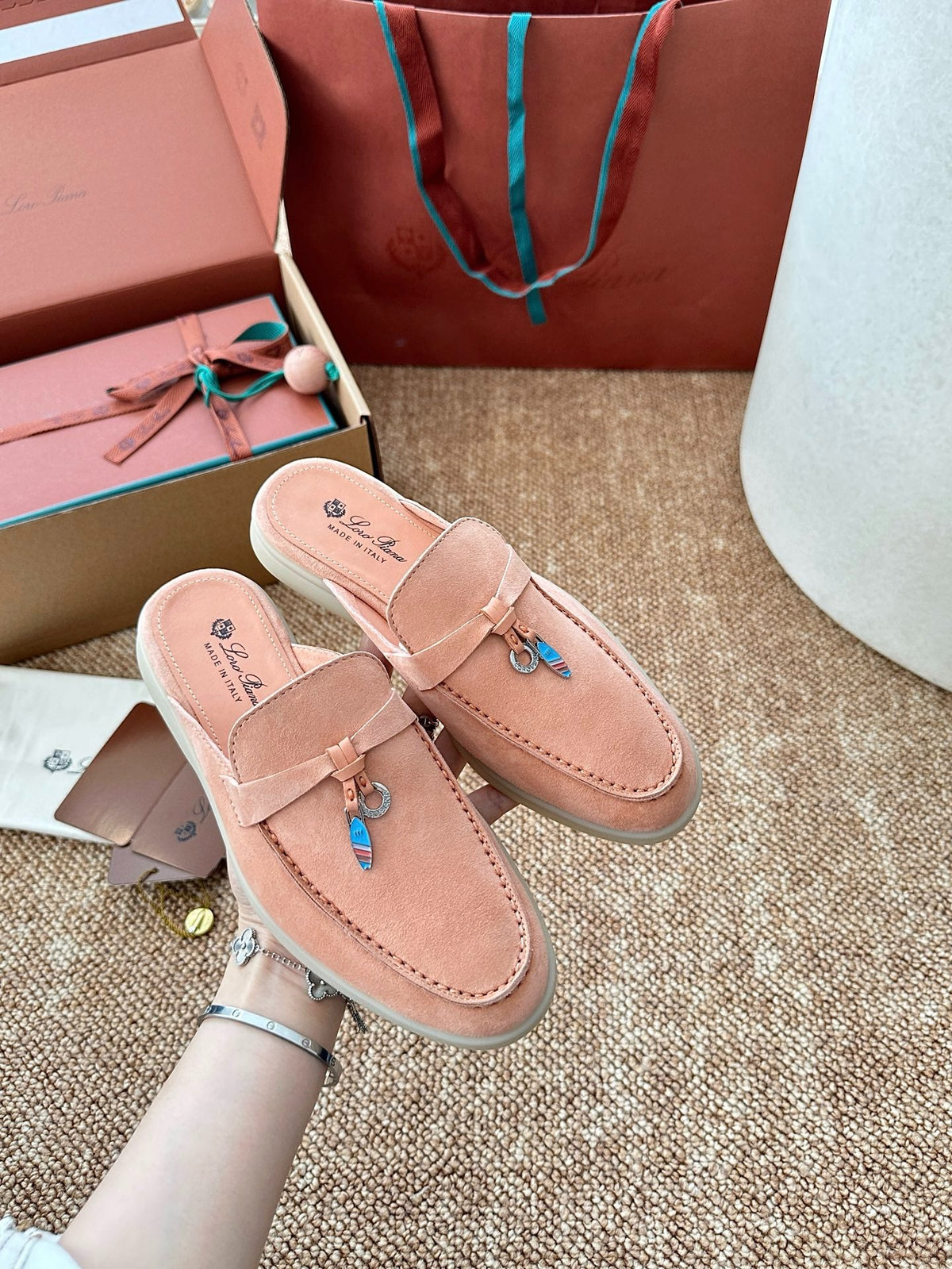 Women Loro Piana Summer Charms Walk Suede Mules - Peach Pink