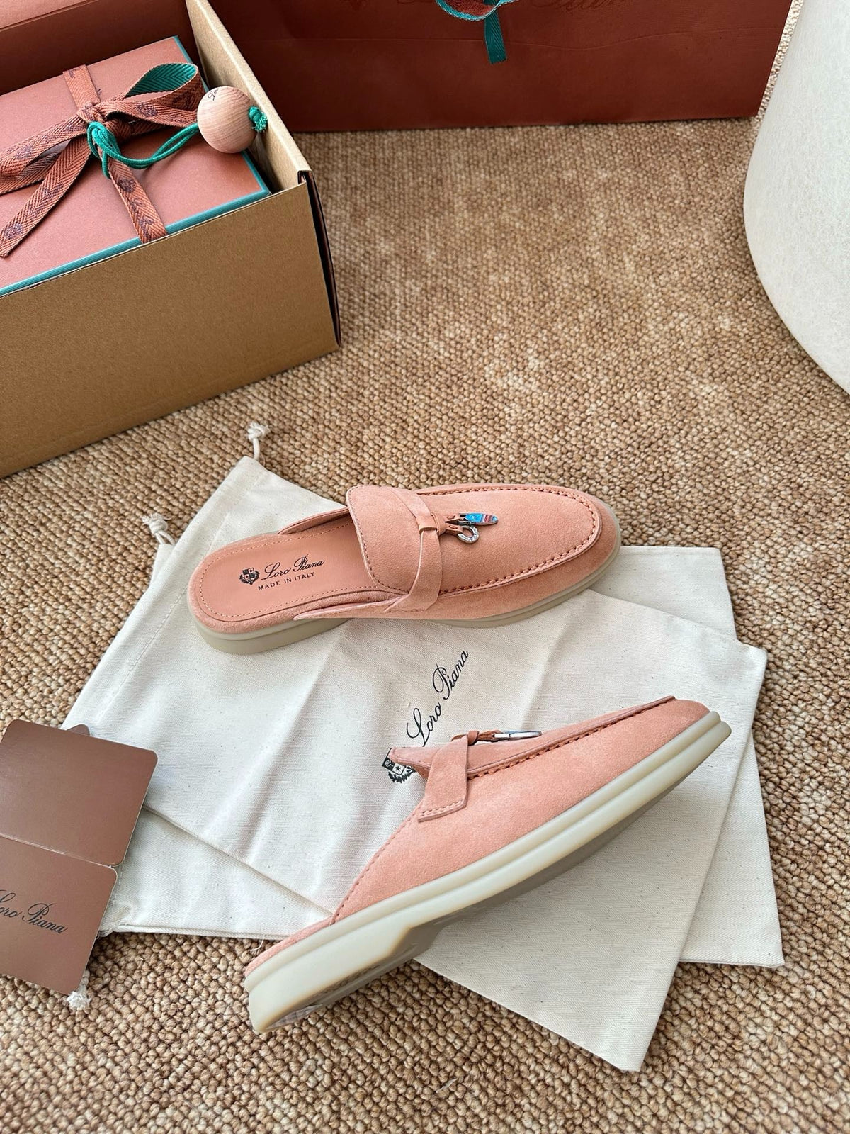 Women Loro Piana Summer Charms Walk Suede Mules - Peach Pink