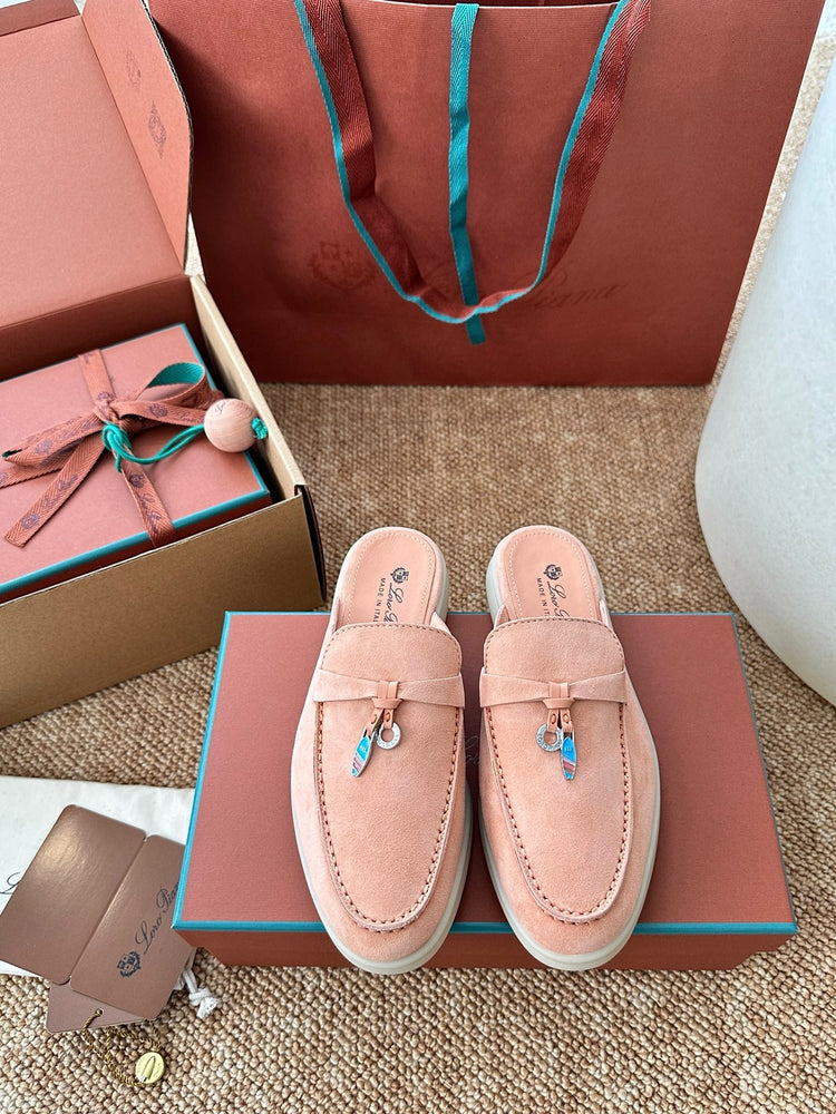 Women Loro Piana Summer Charms Walk Suede Mules - Peach Pink