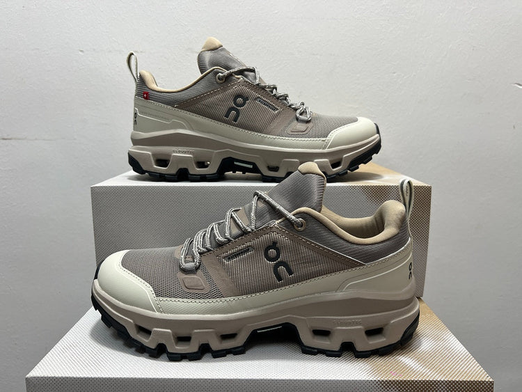 On Cloudrock Low Waterproof Hiking Shoes in Taupe / Cream