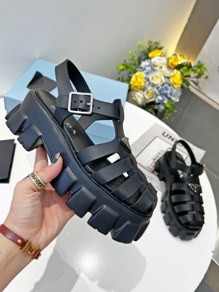 Prada Triangle Logo Woven Roman Sandals, Women Chunky Lug Sole Closed Toe Buckle Strap Platform Sandals