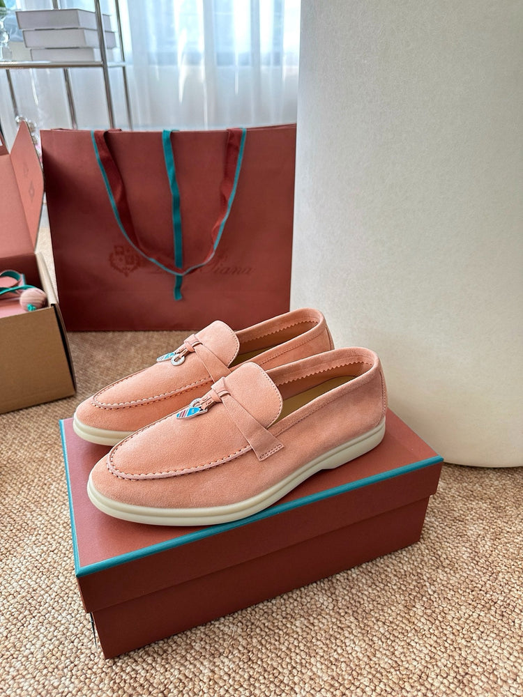Women Coral Pink Suede Slip-On Loafers, Loro Piana Style