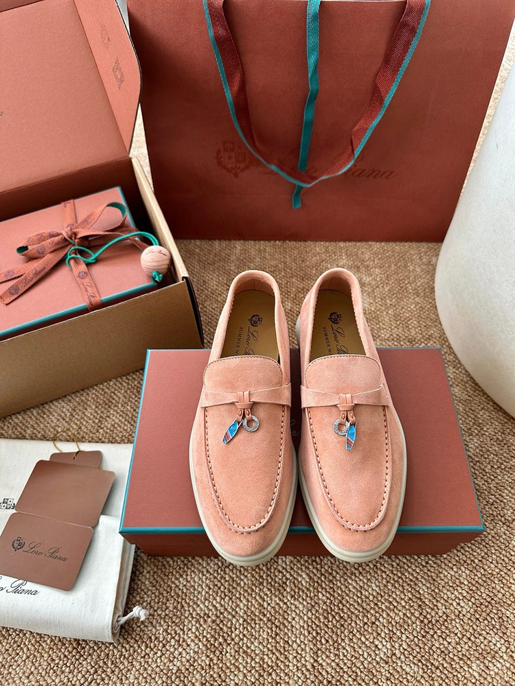 Women Coral Pink Suede Slip-On Loafers, Loro Piana Style