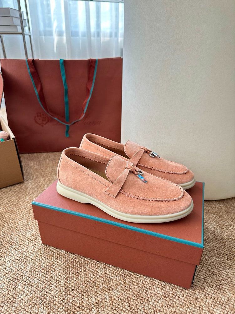 Women Coral Pink Suede Slip-On Loafers, Loro Piana Style