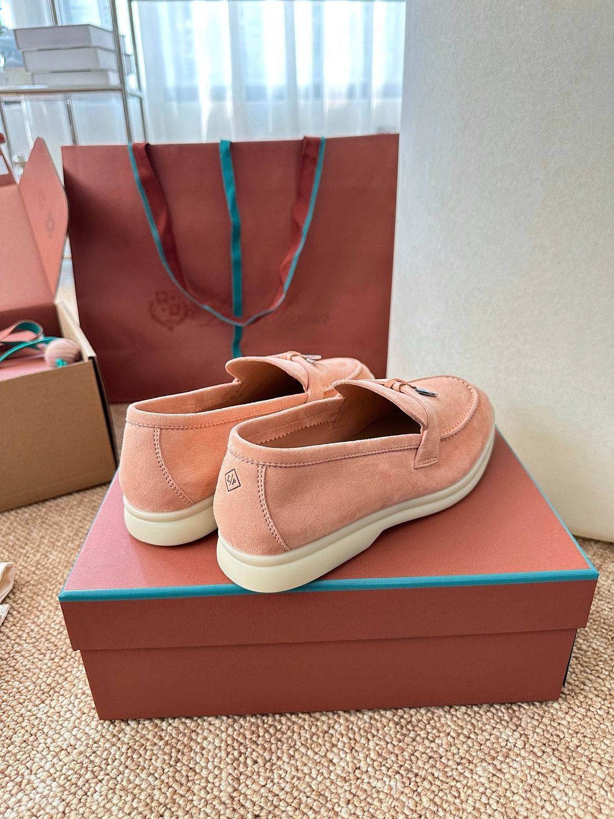 Women Coral Pink Suede Slip-On Loafers, Loro Piana Style
