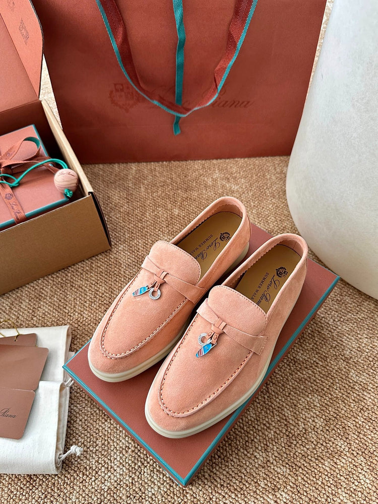 Women Coral Pink Suede Slip-On Loafers, Loro Piana Style