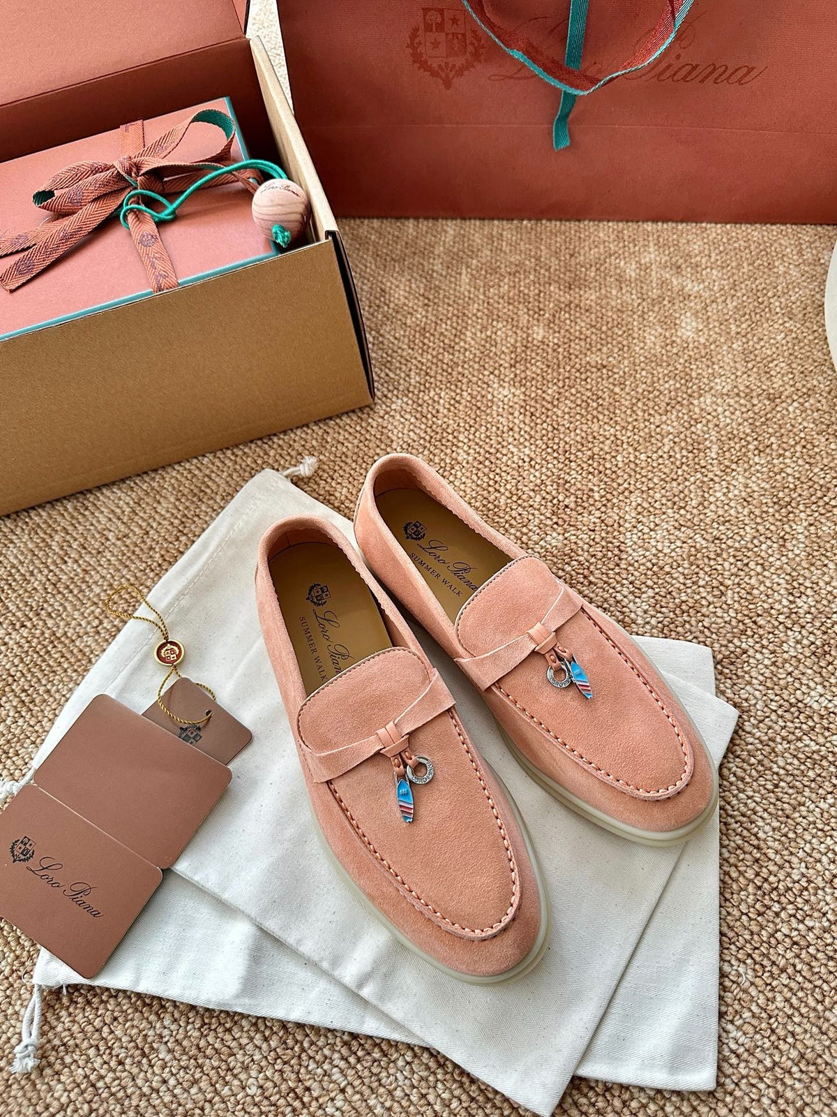 Women Coral Pink Suede Slip-On Loafers, Loro Piana Style