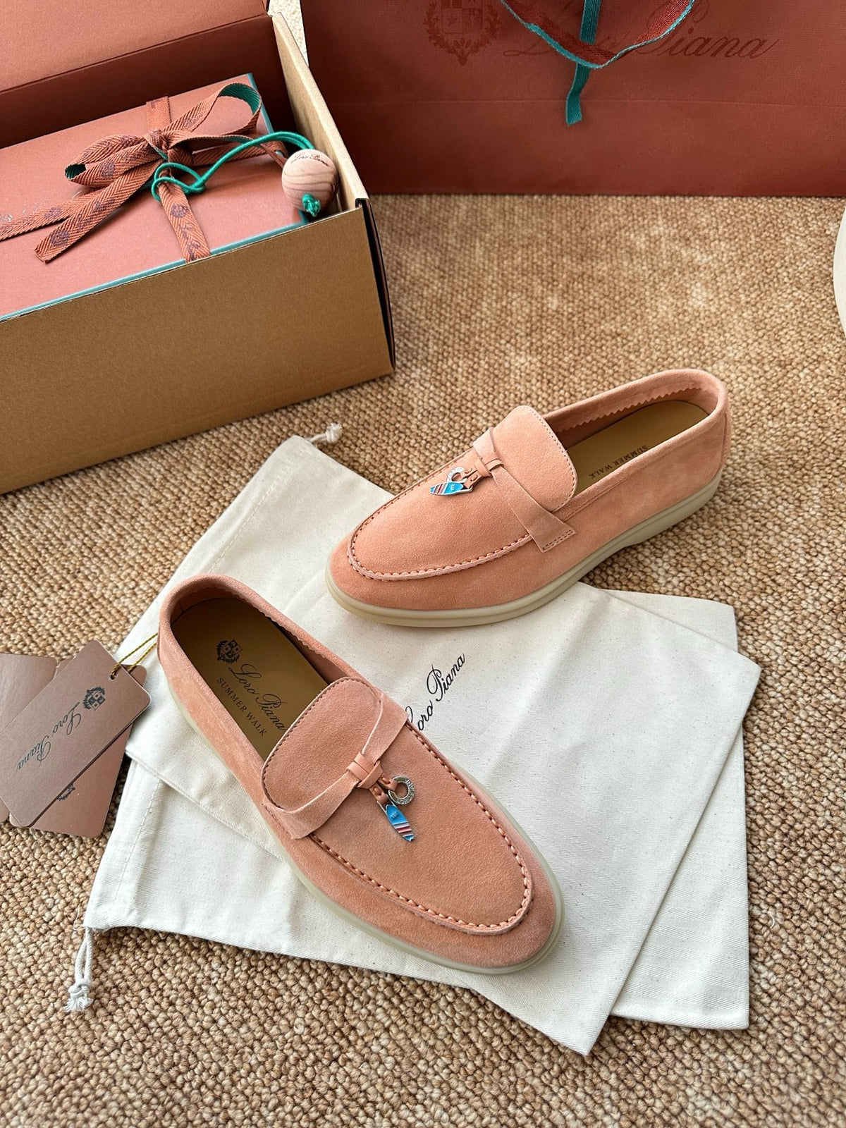 Women Coral Pink Suede Slip-On Loafers, Loro Piana Style