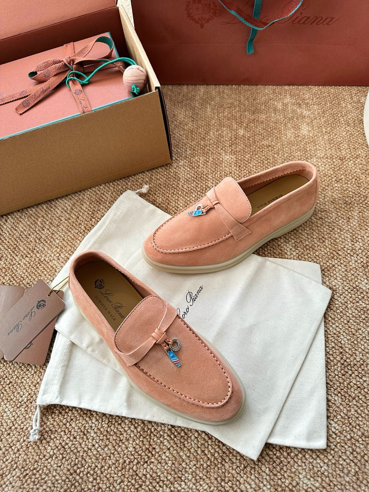 Women Coral Pink Suede Slip-On Loafers, Loro Piana Style