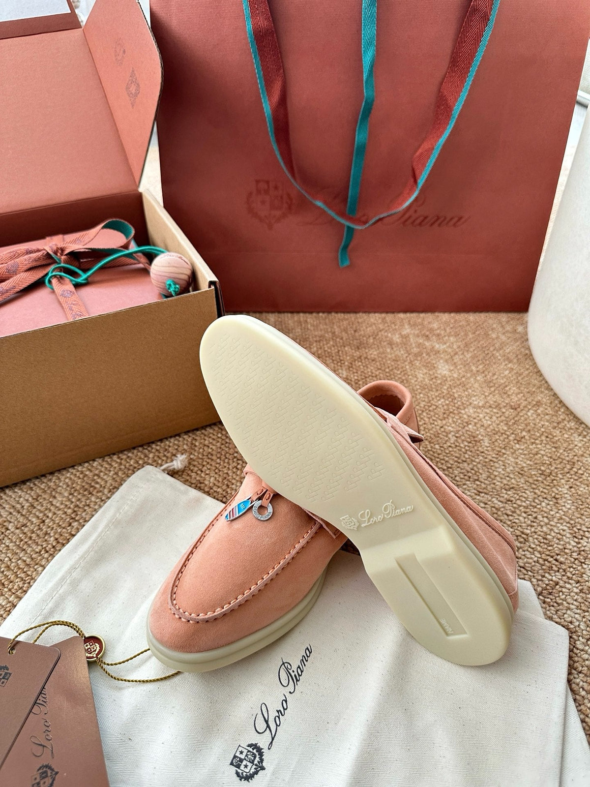 Women Coral Pink Suede Slip-On Loafers, Loro Piana Style