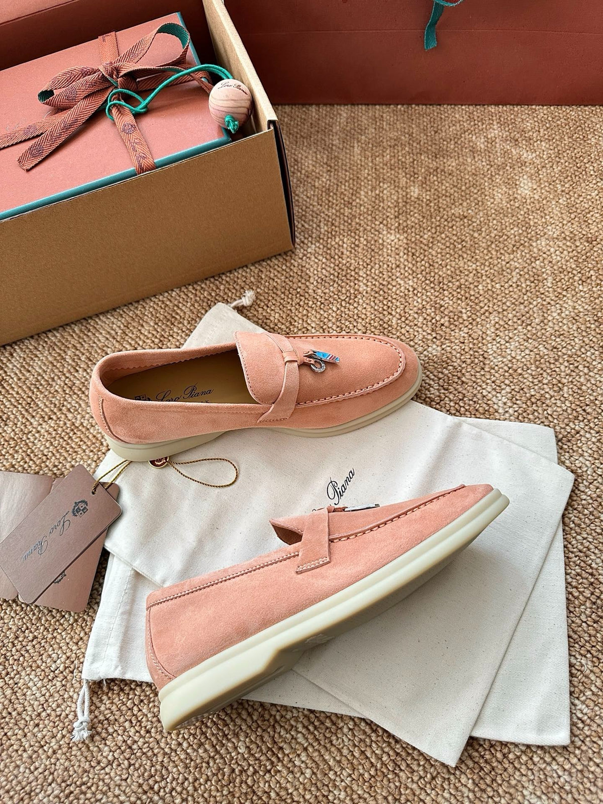 Women Coral Pink Suede Slip-On Loafers, Loro Piana Style