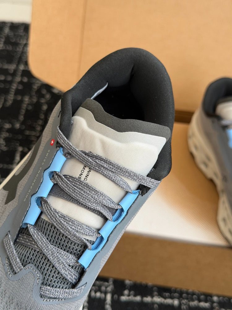 On Cloudmonster Grey Light Blue Shock Absorbing Sport Shoes Breathable Mesh Athletic Trainers