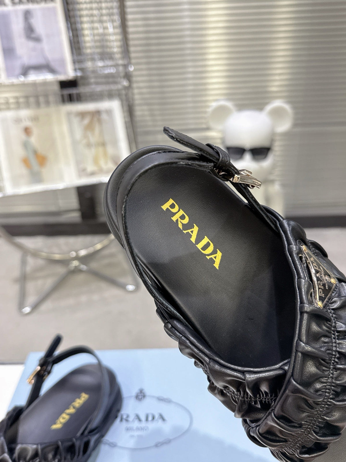 Women Black Ruched Cross Strap Platform Sandals Triangle Gold Logo Adjustable Ankle Buckle Casual Shoes