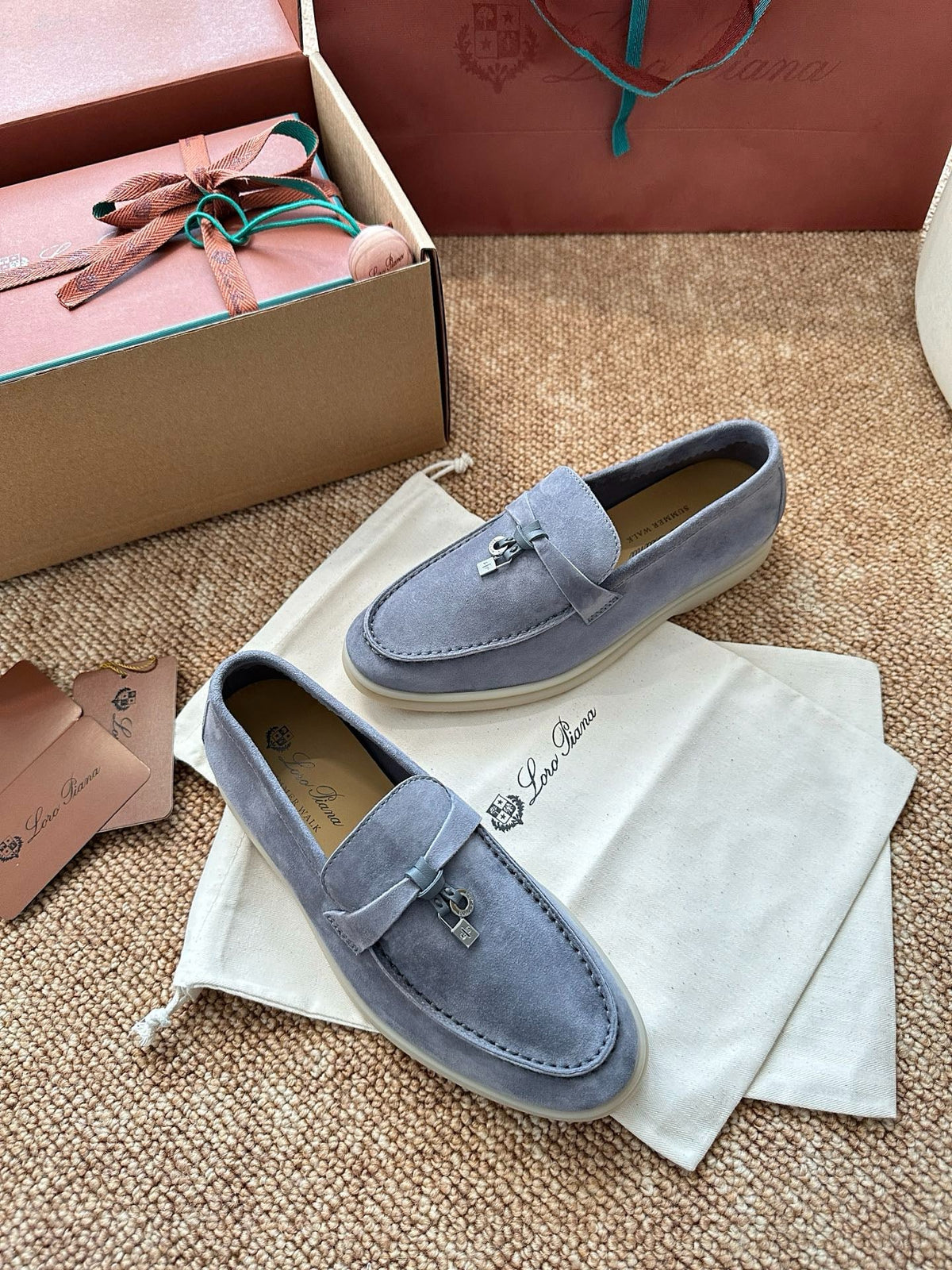 Women Loro Piana Summer Charms Walk Suede Loafers - Light Blue