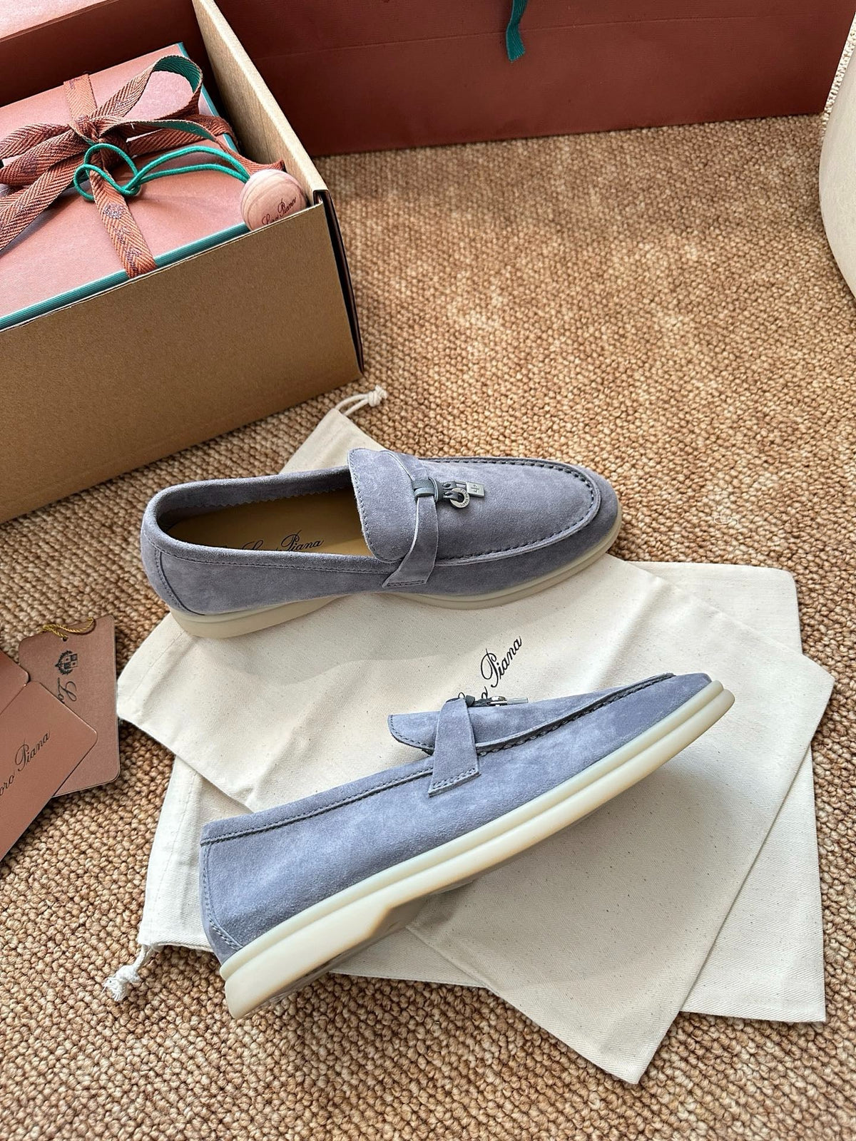 Women Loro Piana Summer Charms Walk Suede Loafers - Light Blue