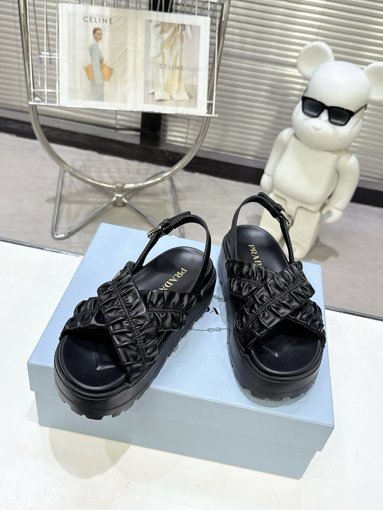 Women Black Ruched Cross Band Platform Sandals Prada Triangle Metal Logo Ankle Buckle Casual Shoes