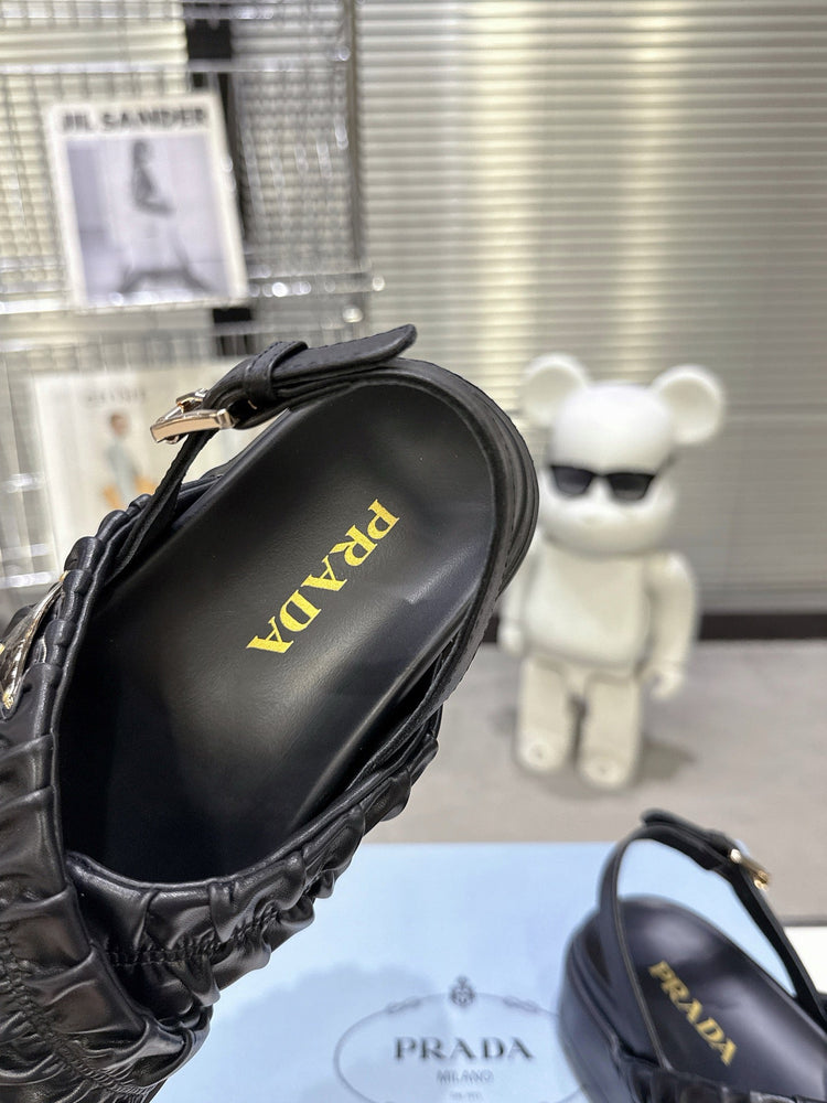Women Black Ruched Cross Band Platform Sandals Prada Triangle Metal Logo Ankle Buckle Casual Shoes